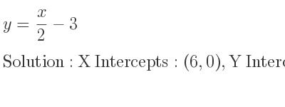 The y= x/2-3 is X Intercepts: (6,0),Y Intercepts: (0,-3)